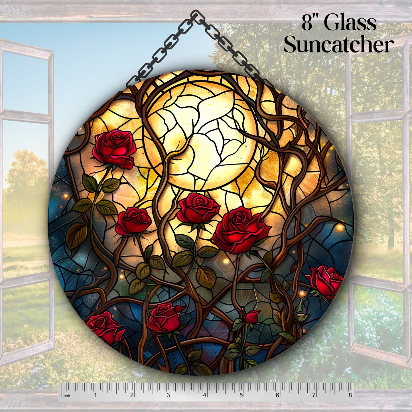 Unique Red Rose Dark Blues Glass Suncatcher Stained Glass 84-07