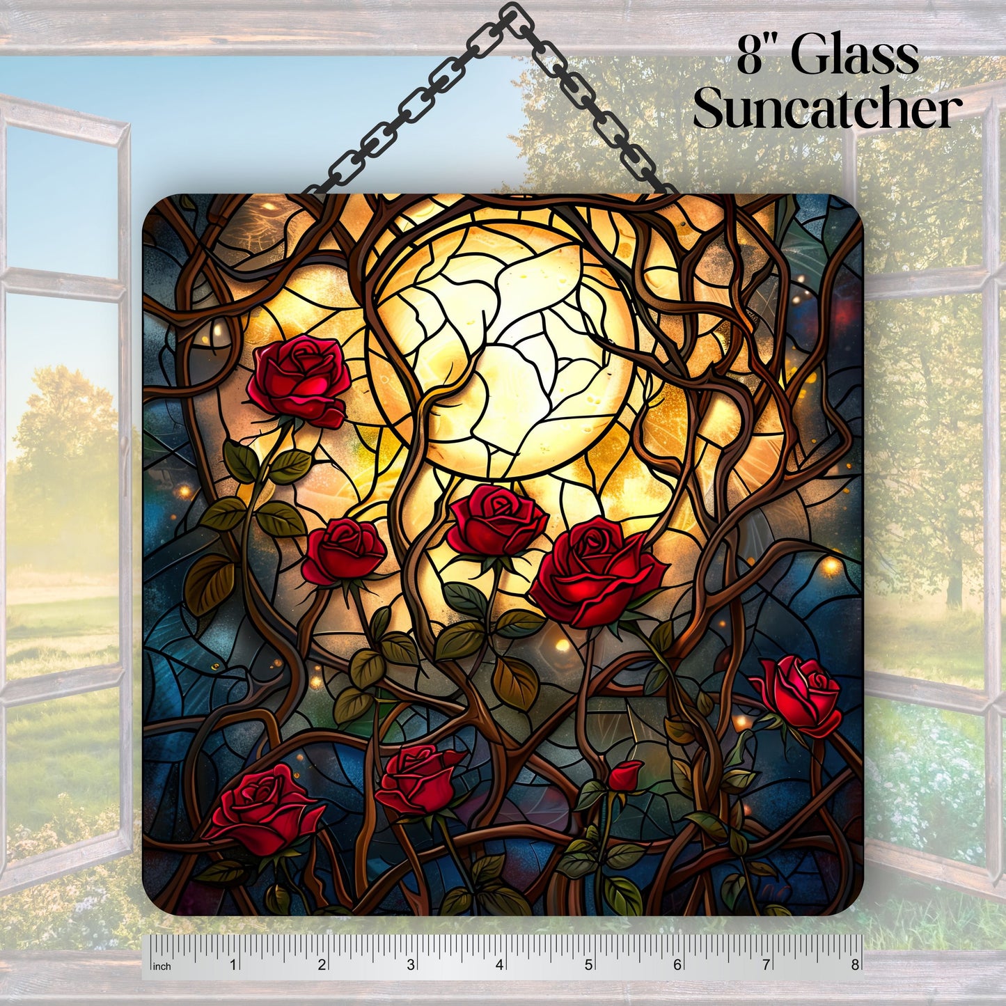 Unique Red Rose Dark Blues Glass Suncatcher Stained Glass 84-07
