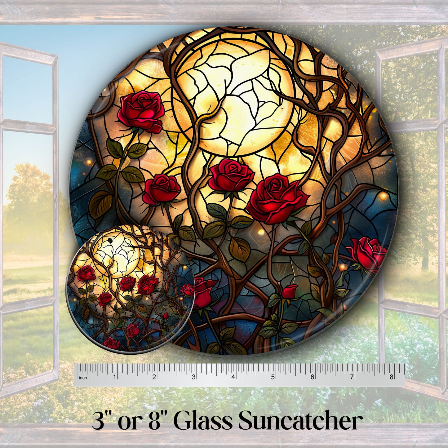 Unique Red Rose Dark Blues Glass Suncatcher Stained Glass 84-07