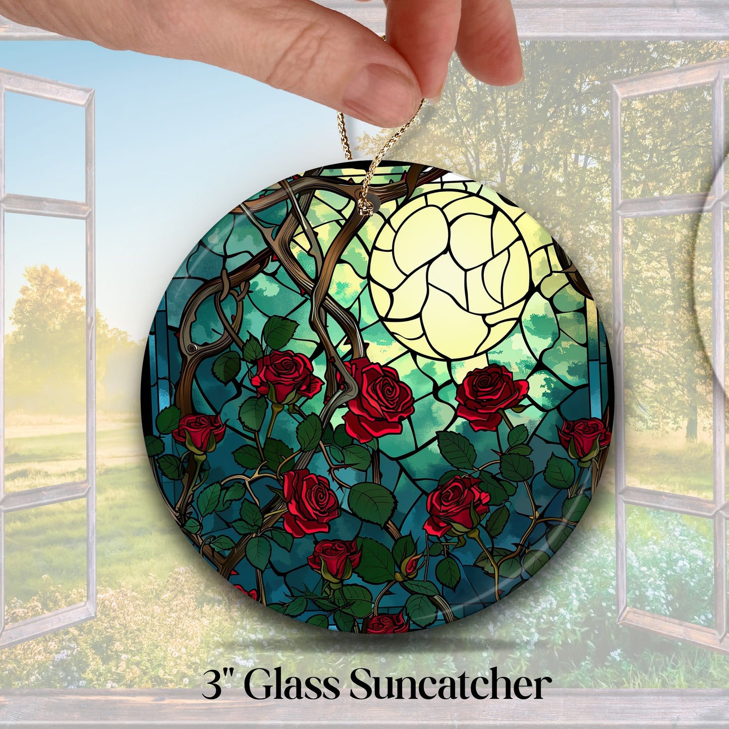 Unique Red Rose Dark Blues Glass Suncatcher Stained Glass 84-08
