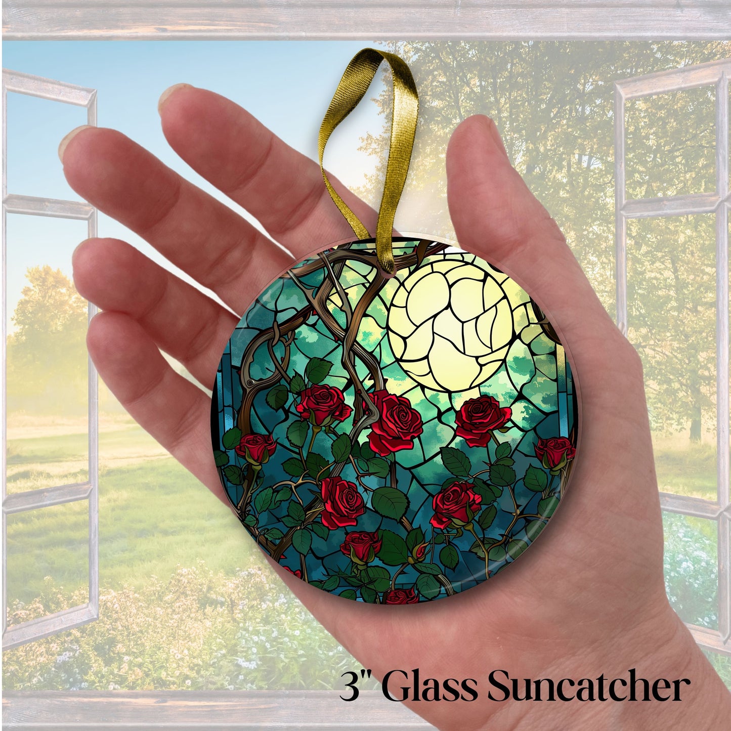 Unique Red Rose Dark Blues Glass Suncatcher Stained Glass 84-08