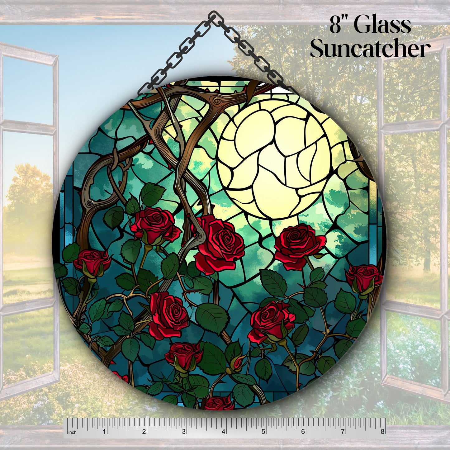 Unique Red Rose Dark Blues Glass Suncatcher Stained Glass 84-08