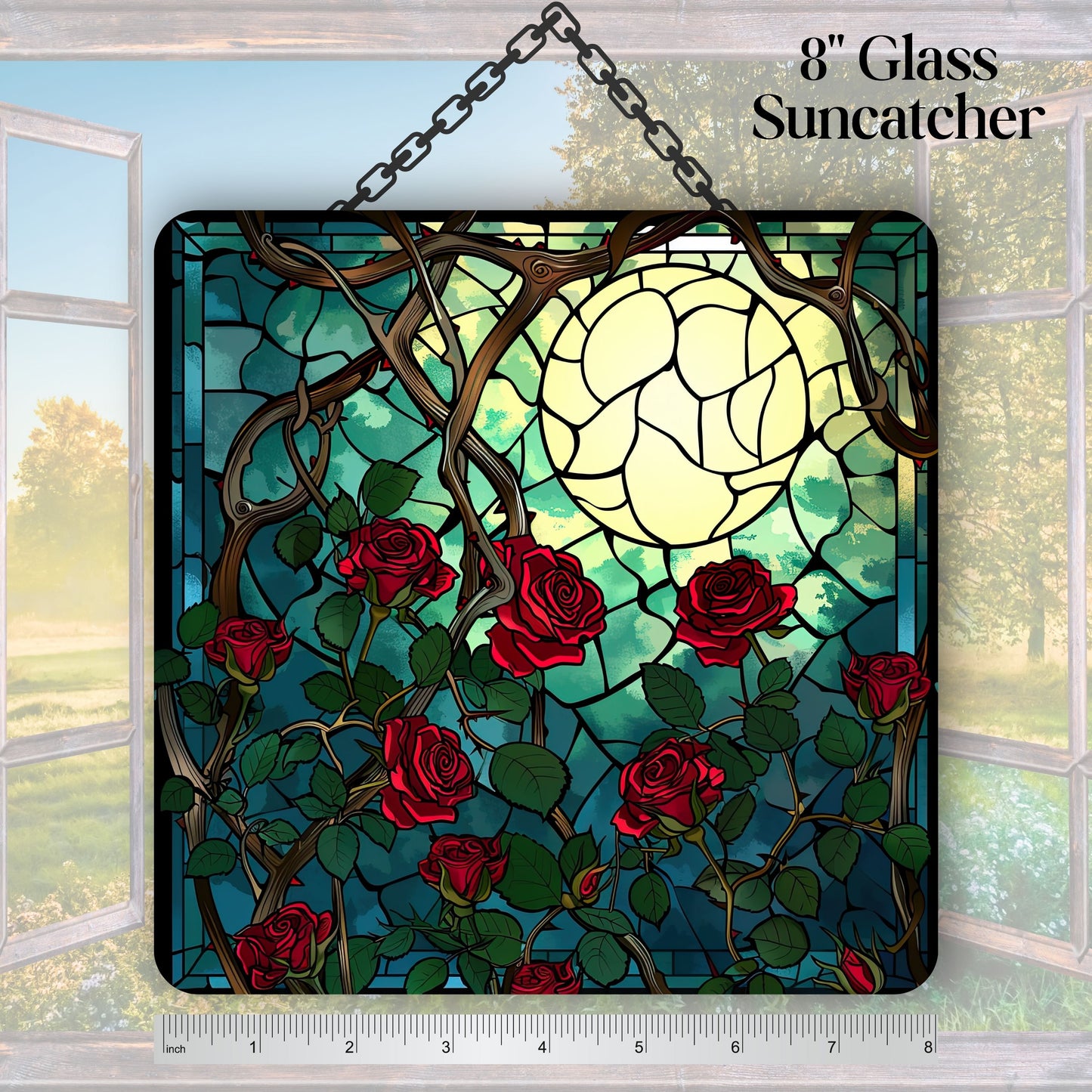 Unique Red Rose Dark Blues Glass Suncatcher Stained Glass 84-08