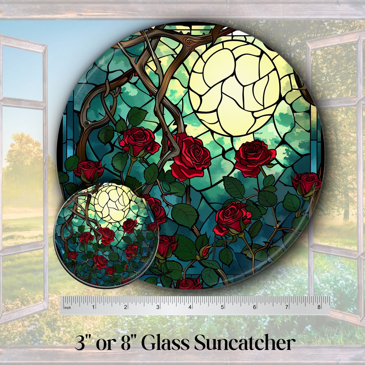 Unique Red Rose Dark Blues Glass Suncatcher Stained Glass 84-08