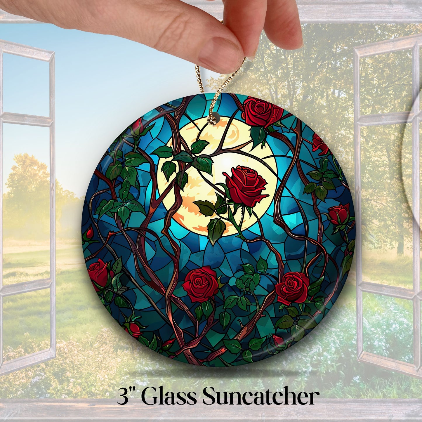 Unique Red Rose Dark Blues Glass Suncatcher Stained Glass 84-09