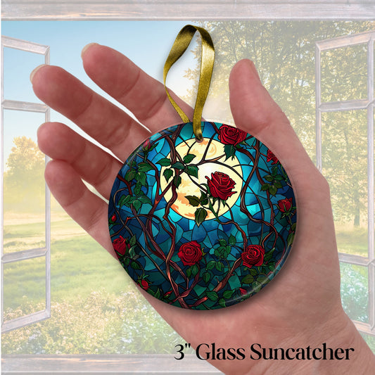Unique Red Rose Dark Blues Glass Suncatcher Stained Glass 84-09