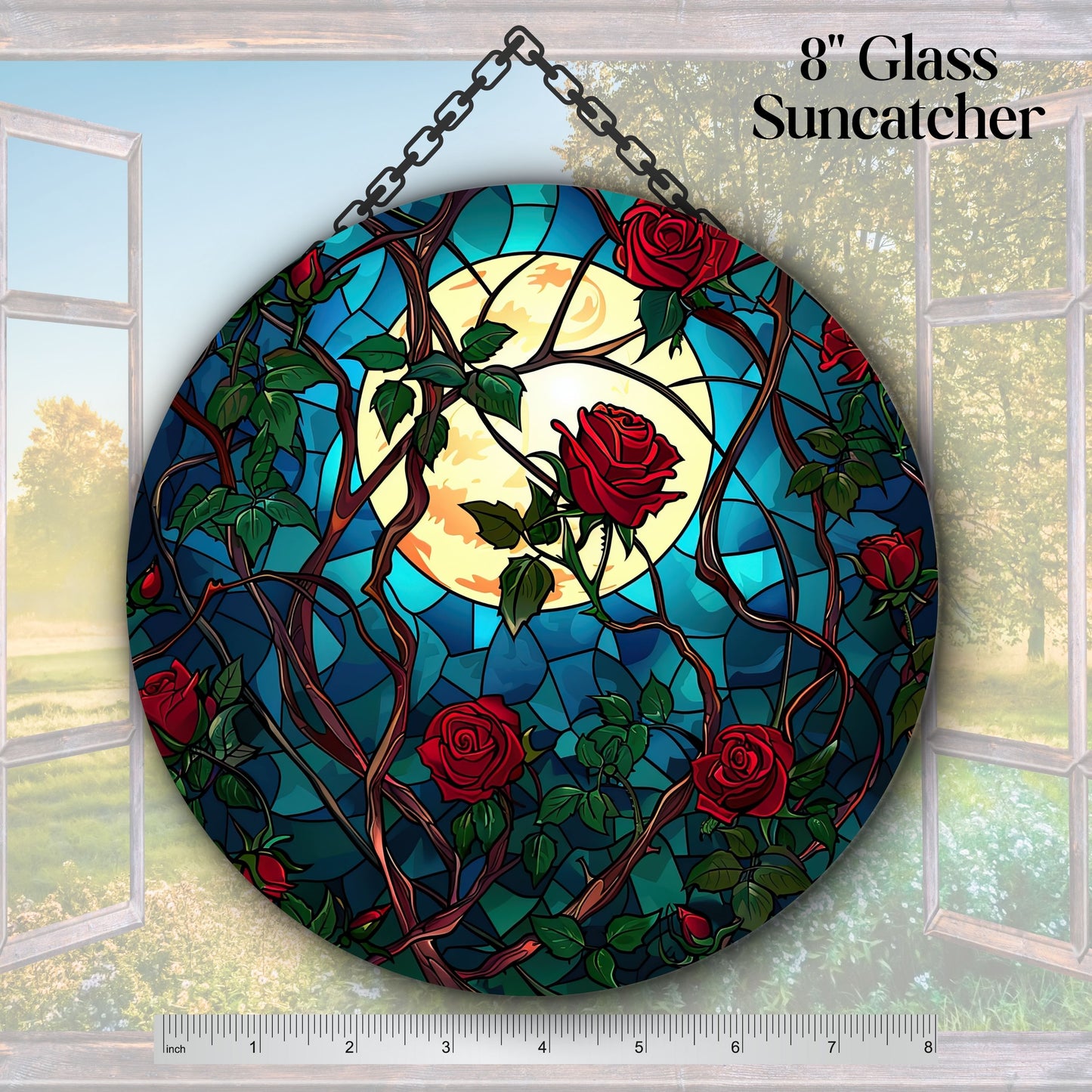 Unique Red Rose Dark Blues Glass Suncatcher Stained Glass 84-09