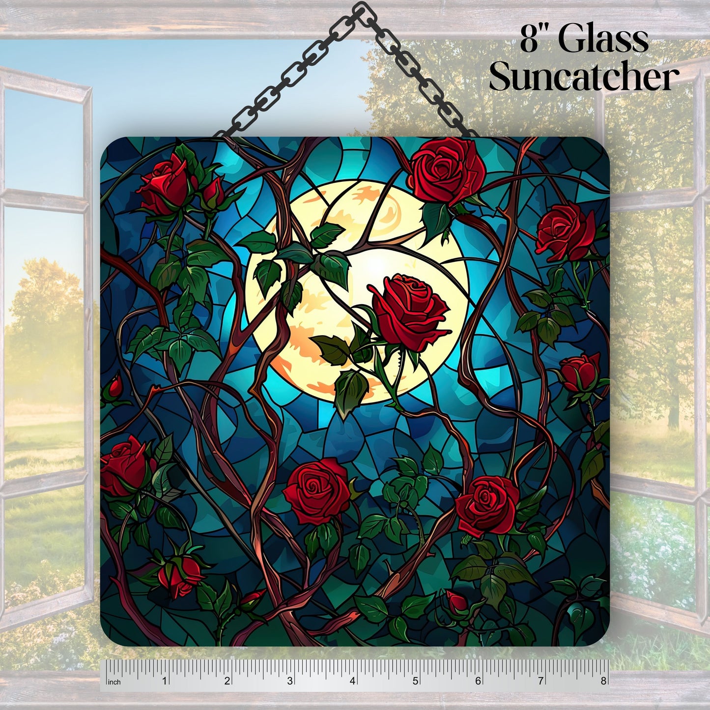 Unique Red Rose Dark Blues Glass Suncatcher Stained Glass 84-09