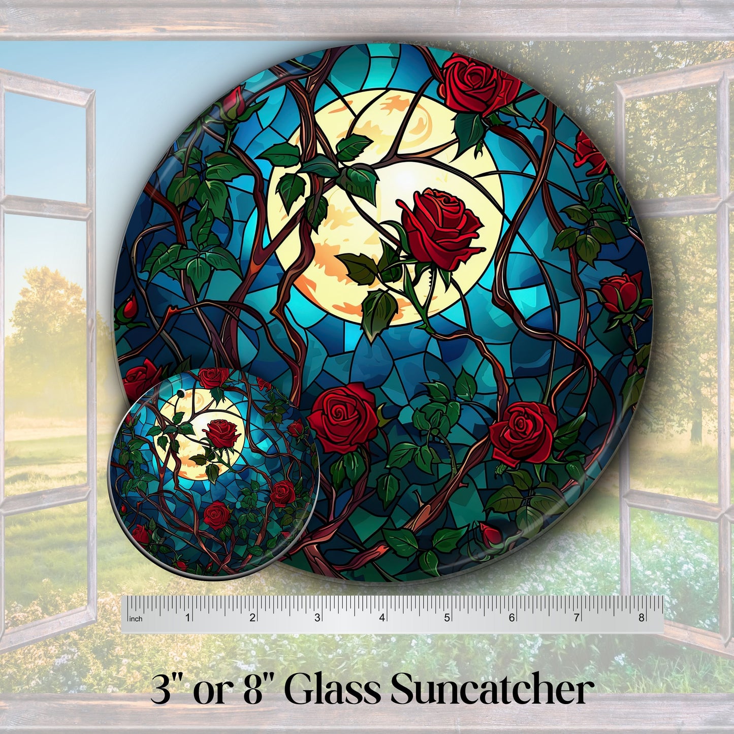 Unique Red Rose Dark Blues Glass Suncatcher Stained Glass 84-09