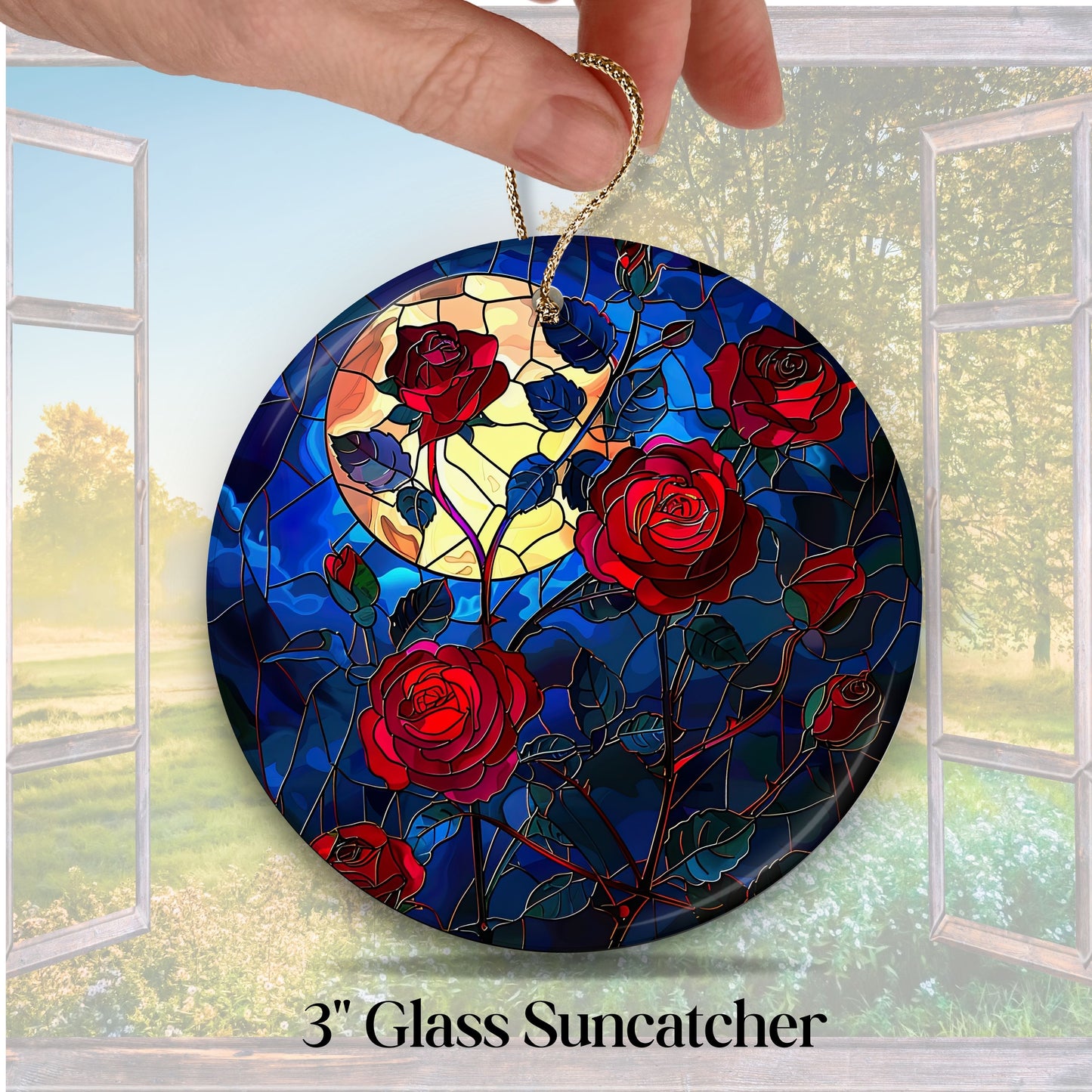 Unique Red Rose Dark Blues Glass Suncatcher Stained Glass 84-02