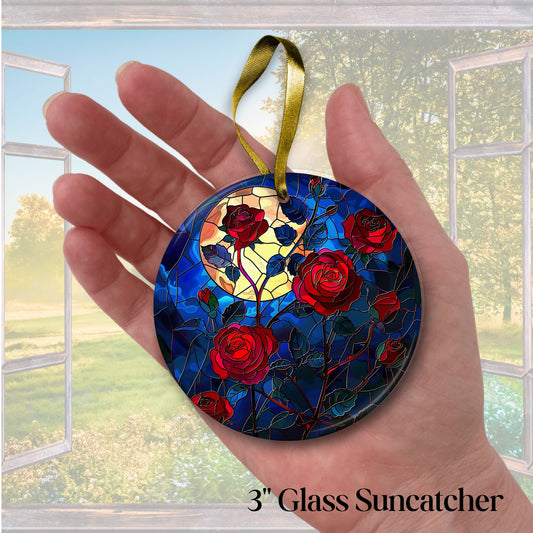 Unique Red Rose Dark Blues Glass Suncatcher Stained Glass 84-02