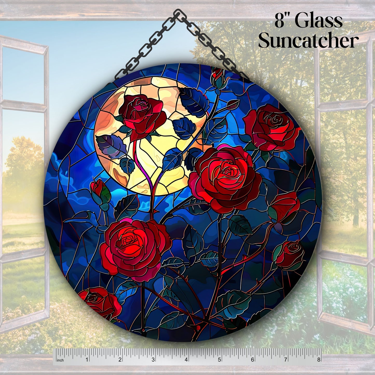 Unique Red Rose Dark Blues Glass Suncatcher Stained Glass 84-02