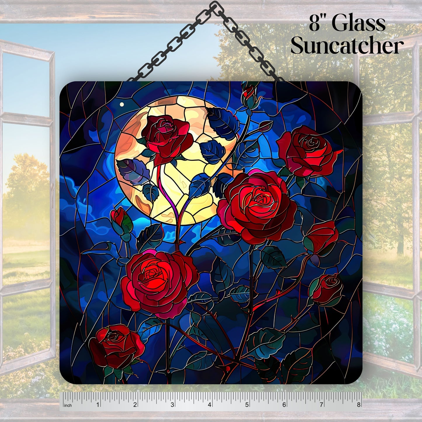 Unique Red Rose Dark Blues Glass Suncatcher Stained Glass 84-02