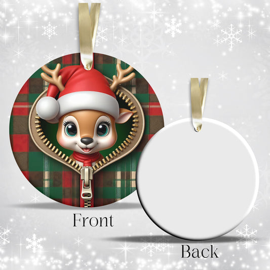 Cute Reindeer 3D Zipper Ornament Christmas Plaid 78-01