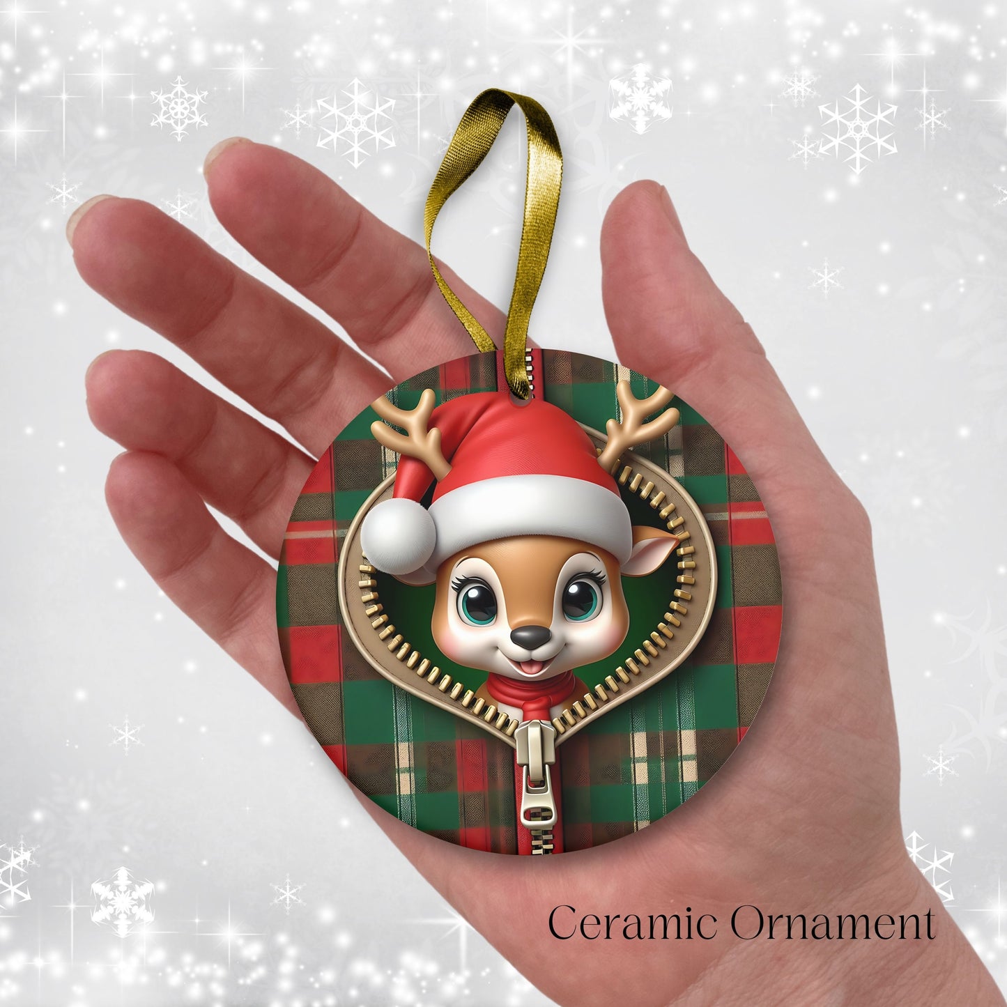 Cute Reindeer 3D Zipper Ornament Christmas Plaid 78-01