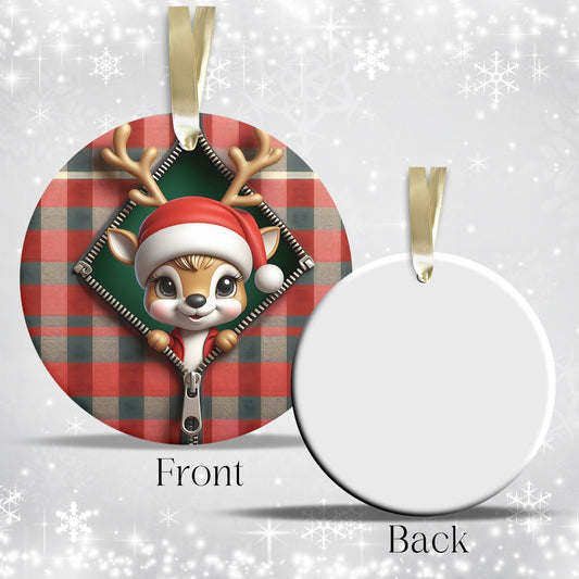 Cute Reindeer 3D Zipper Ornament Christmas Plaid 78-02