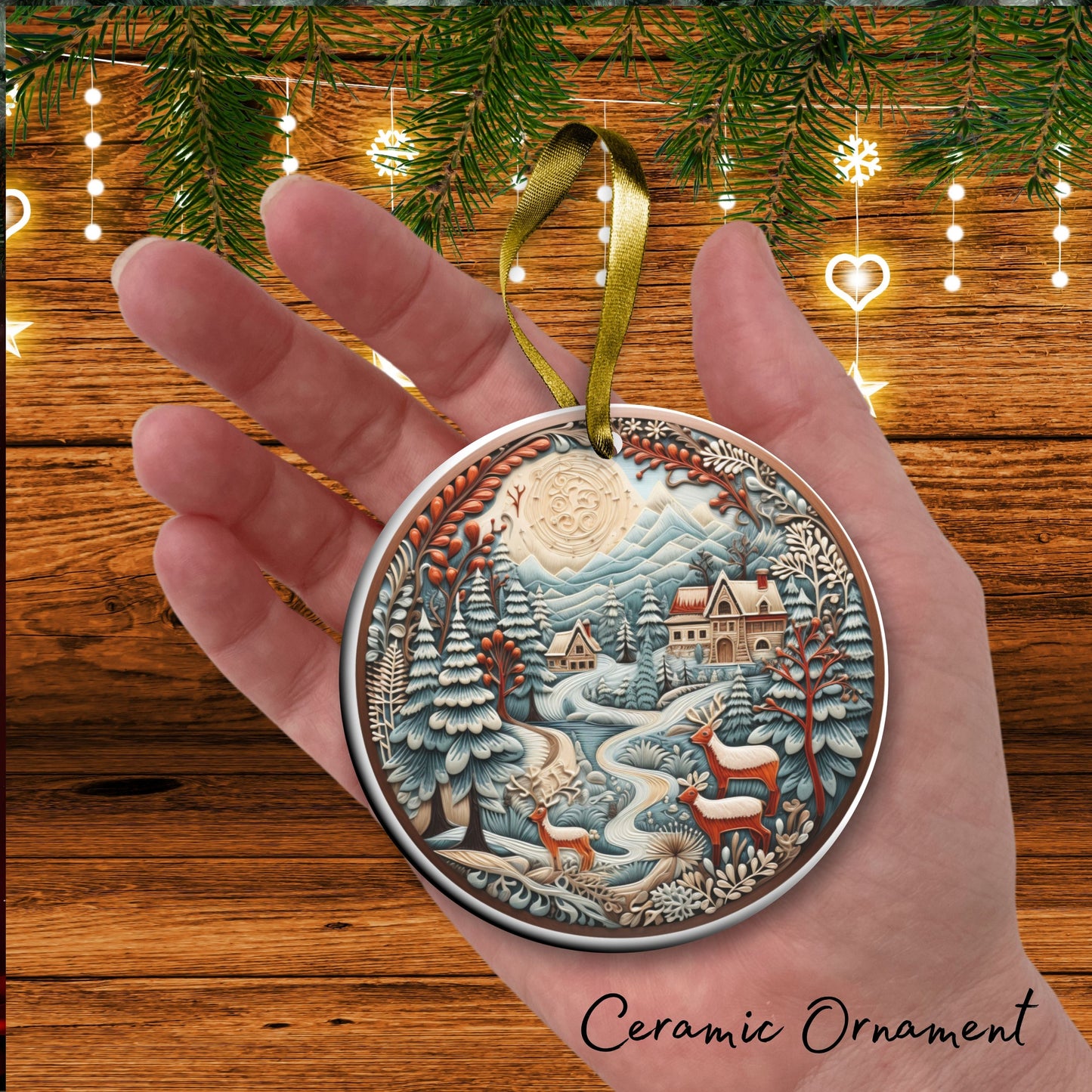 Reindeer Ceramic Ornament 61-06 Happy Holidays Keepsake Bauble