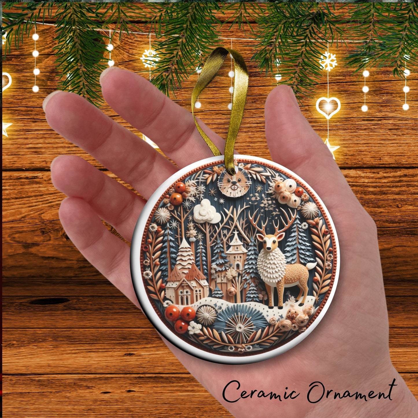 Reindeer Ceramic Ornament 61-08 Happy Holidays Keepsake Bauble