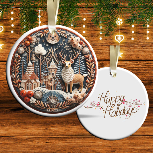 Reindeer Ceramic Ornament 61-08 Happy Holidays Keepsake Bauble