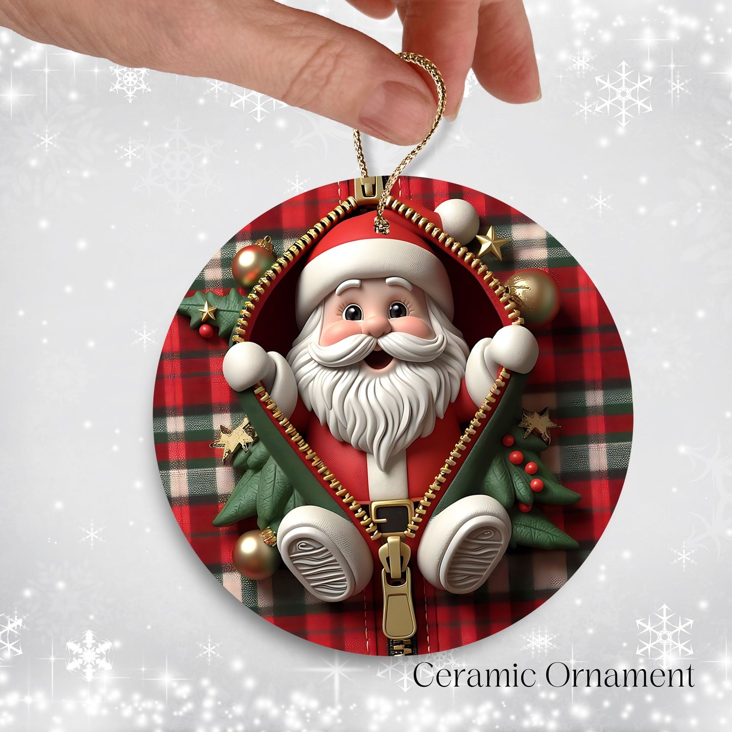 Cute Santa Claus 3D Zipper Ornament Christmas Plaid 78-01