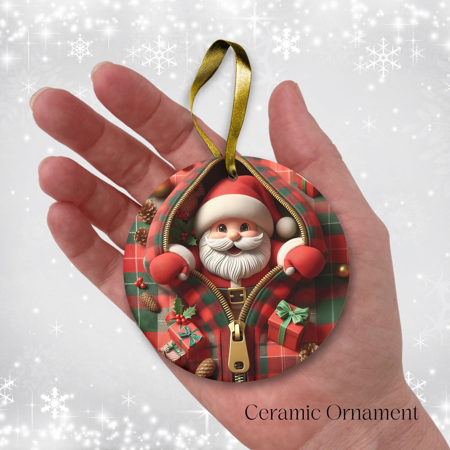Cute Santa Claus 3D Zipper Ornament Christmas Plaid 78-02