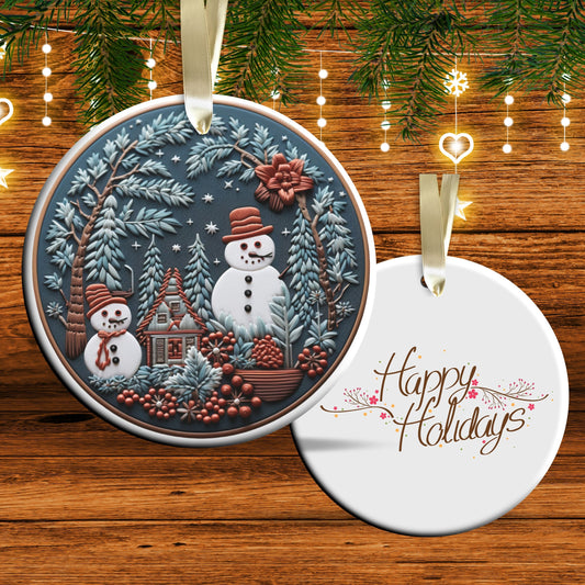 Snowman Ceramic Ornament 61-09 Happy Holidays Keepsake Bauble