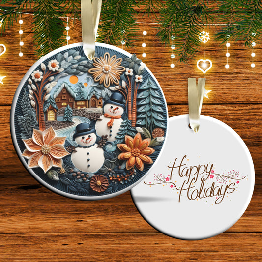 Snowman Ceramic Ornament 61-10 Happy Holidays Keepsake Bauble