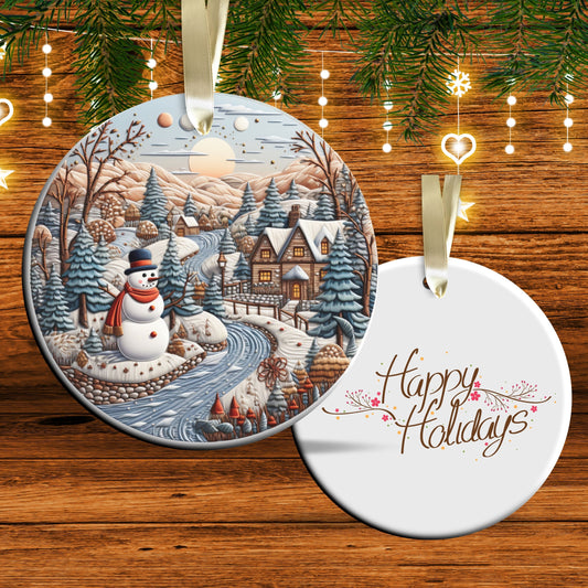 Snowman Ceramic Ornament 61-11 Happy Holidays Keepsake Bauble