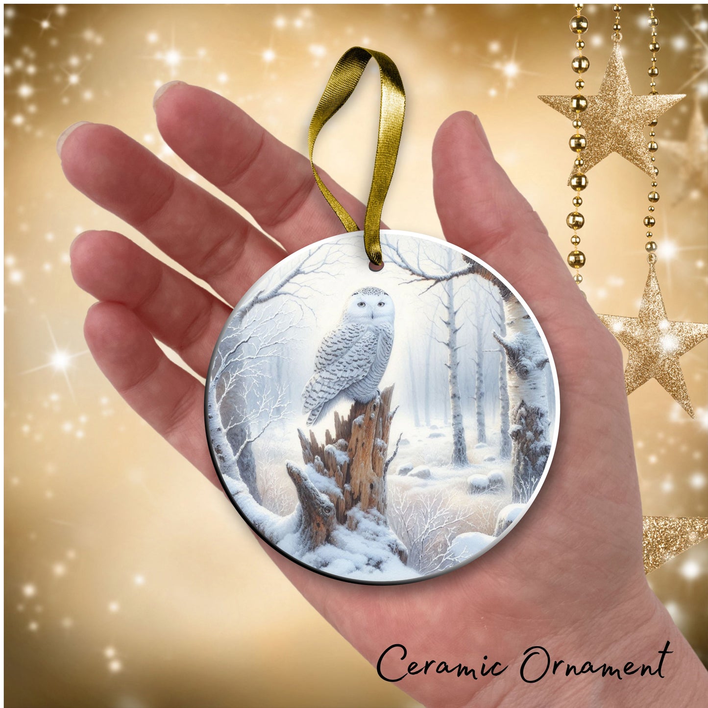 Snowy Owl in Winter Forest Ceramic Ornament 36-01