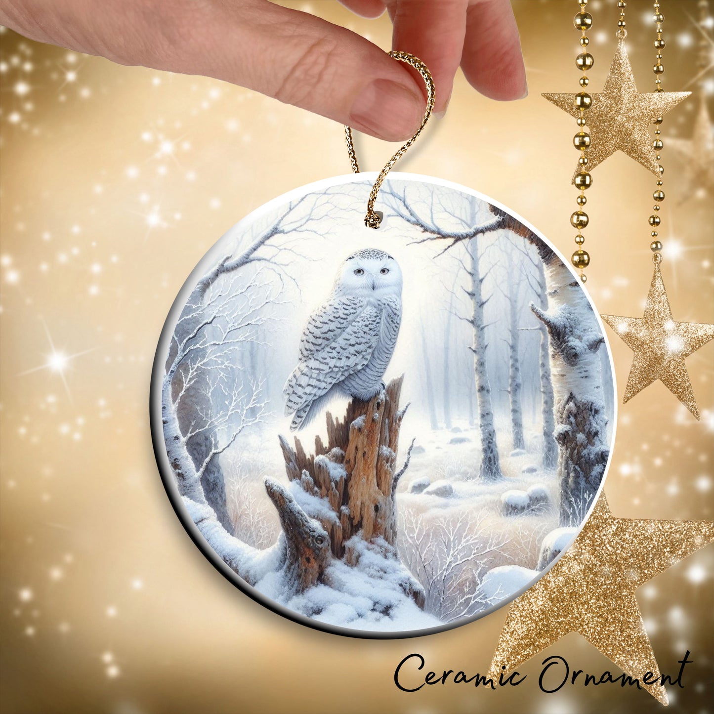 Snowy Owl in Winter Forest Ceramic Ornament 36-01