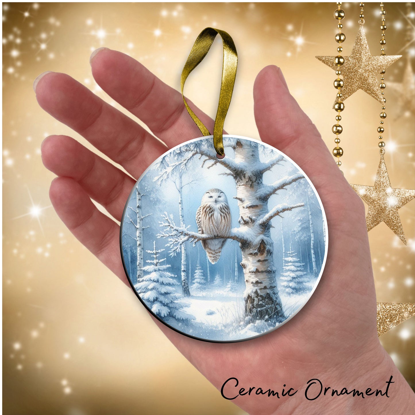 Snowy Owl in Winter Forest Ceramic Ornament 36-02