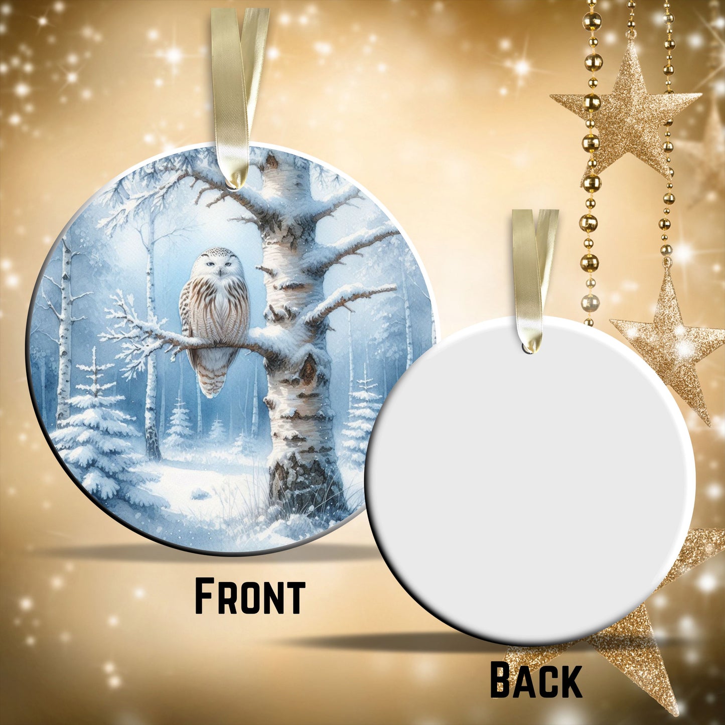 Snowy Owl in Winter Forest Ceramic Ornament 36-02