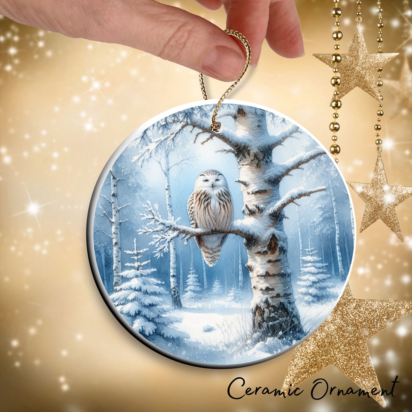 Snowy Owl in Winter Forest Ceramic Ornament 36-02