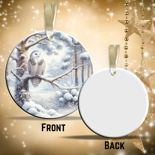 Snowy Owl in Winter Forest Ceramic Ornament 36-03