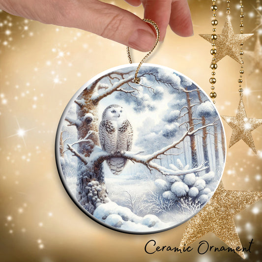 Snowy Owl in Winter Forest Ceramic Ornament 36-03