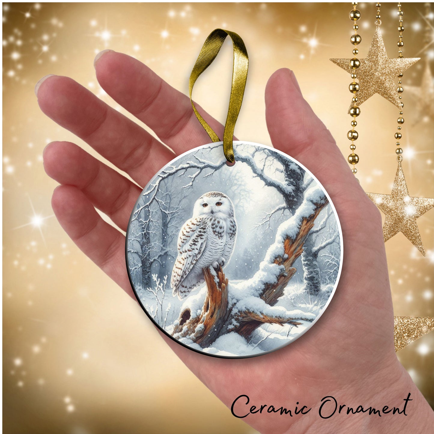 Snowy Owl in Winter Forest Ceramic Ornament 36-06