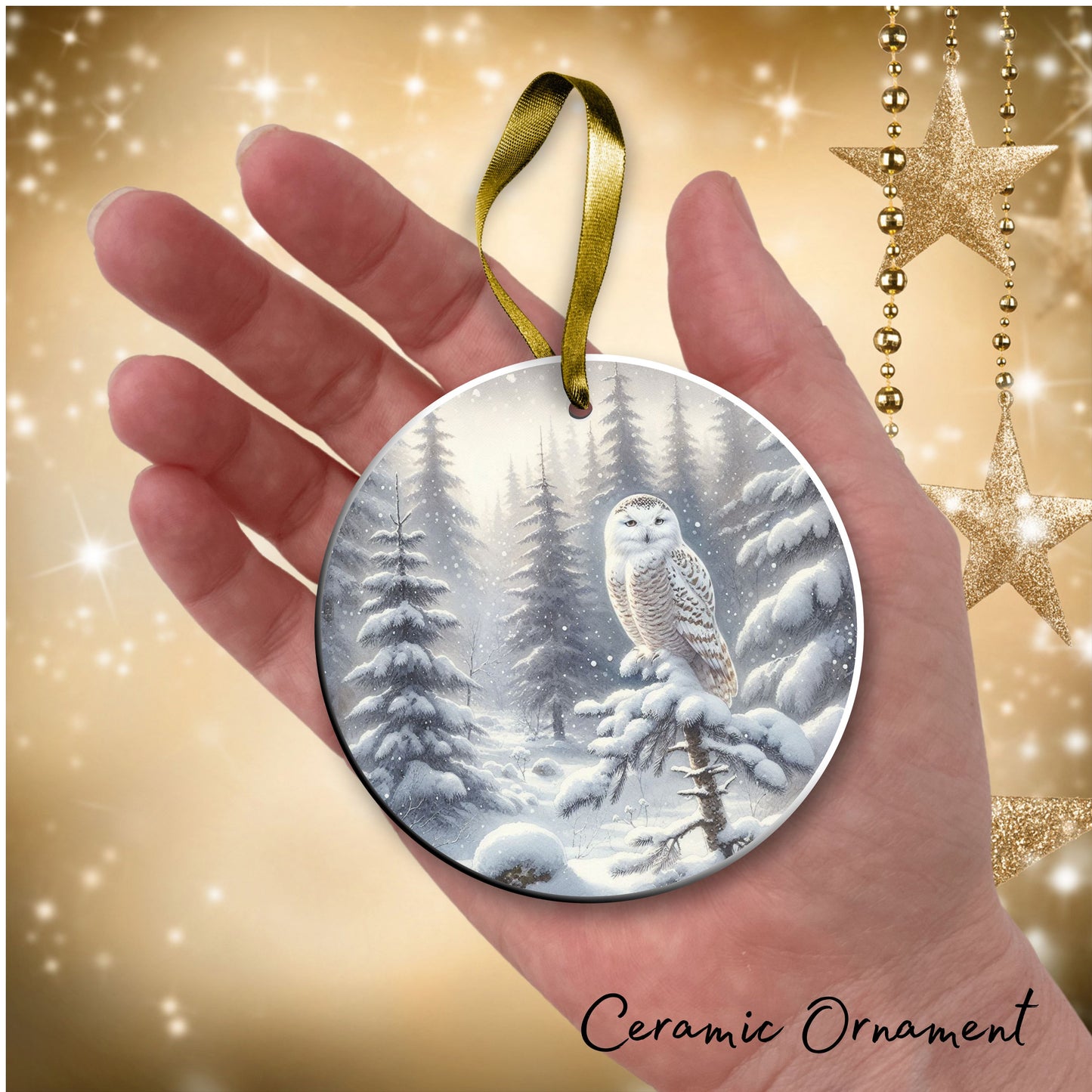 Snowy Owl in Winter Forest Ceramic Ornament 36-07