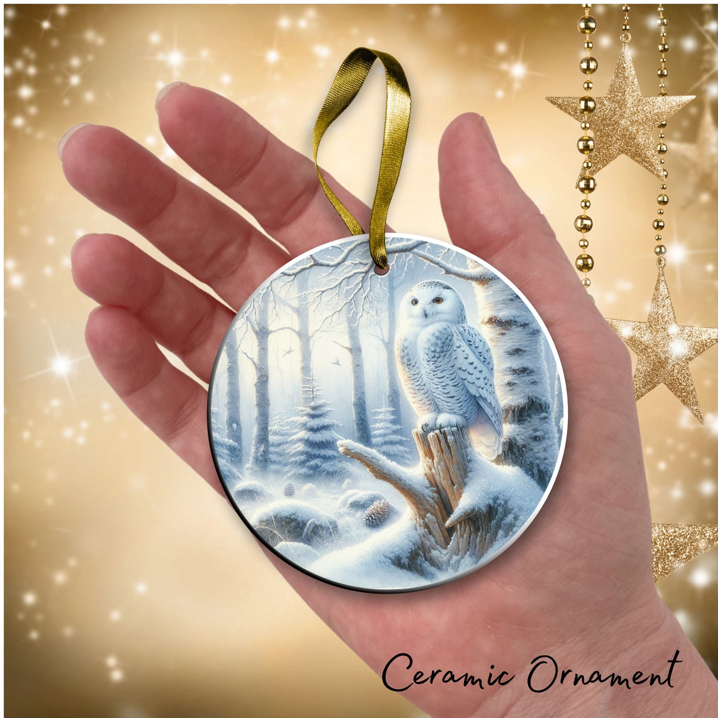 Snowy Owl in Winter Forest Ceramic Ornament 36-08