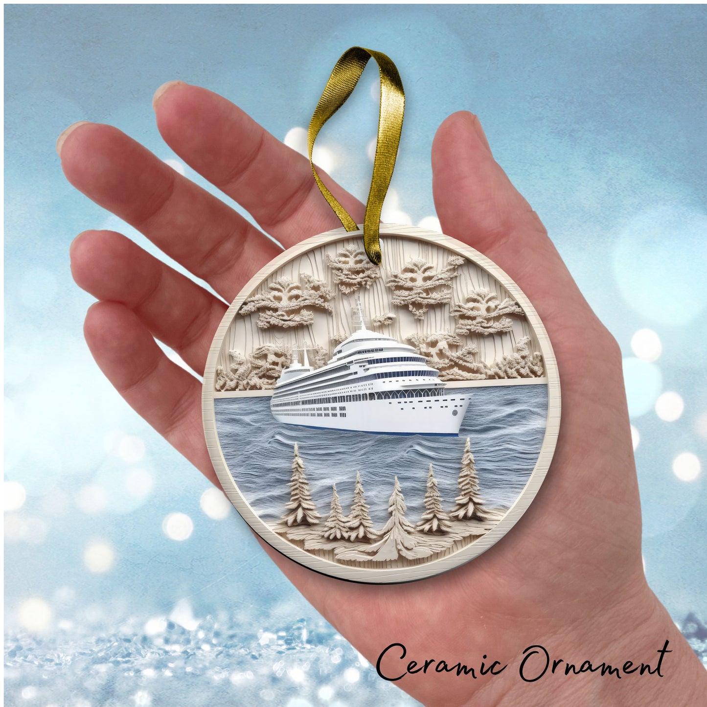 Steel Blue Cruise Ship Ceramic Ornament 40-11
