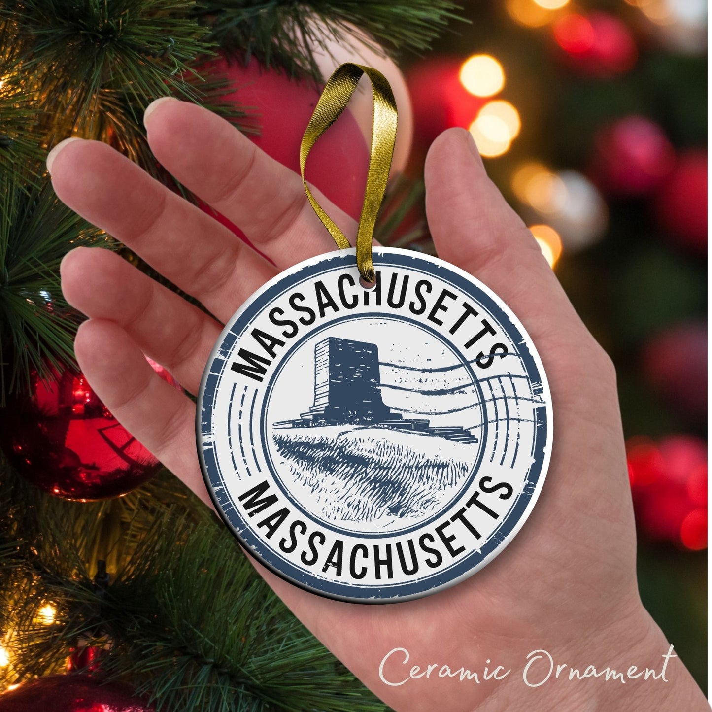 Massachusetts State Christmas Ornament - Personalized Ceramic 66-MA