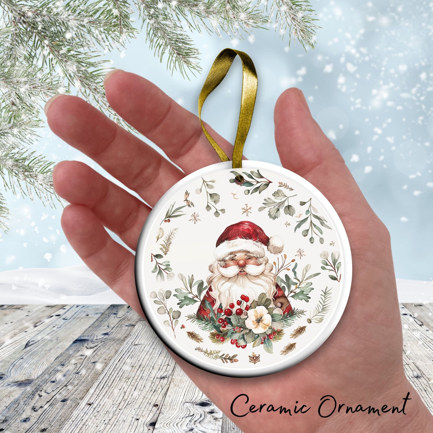 Retro Santa Claus Watercolor Ceramic Ornament 152-05