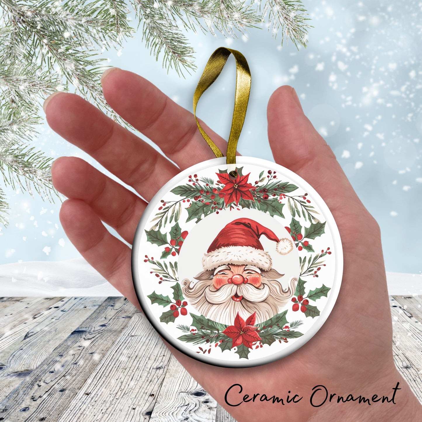 Retro Santa Claus Watercolor Ceramic Ornament 152-08