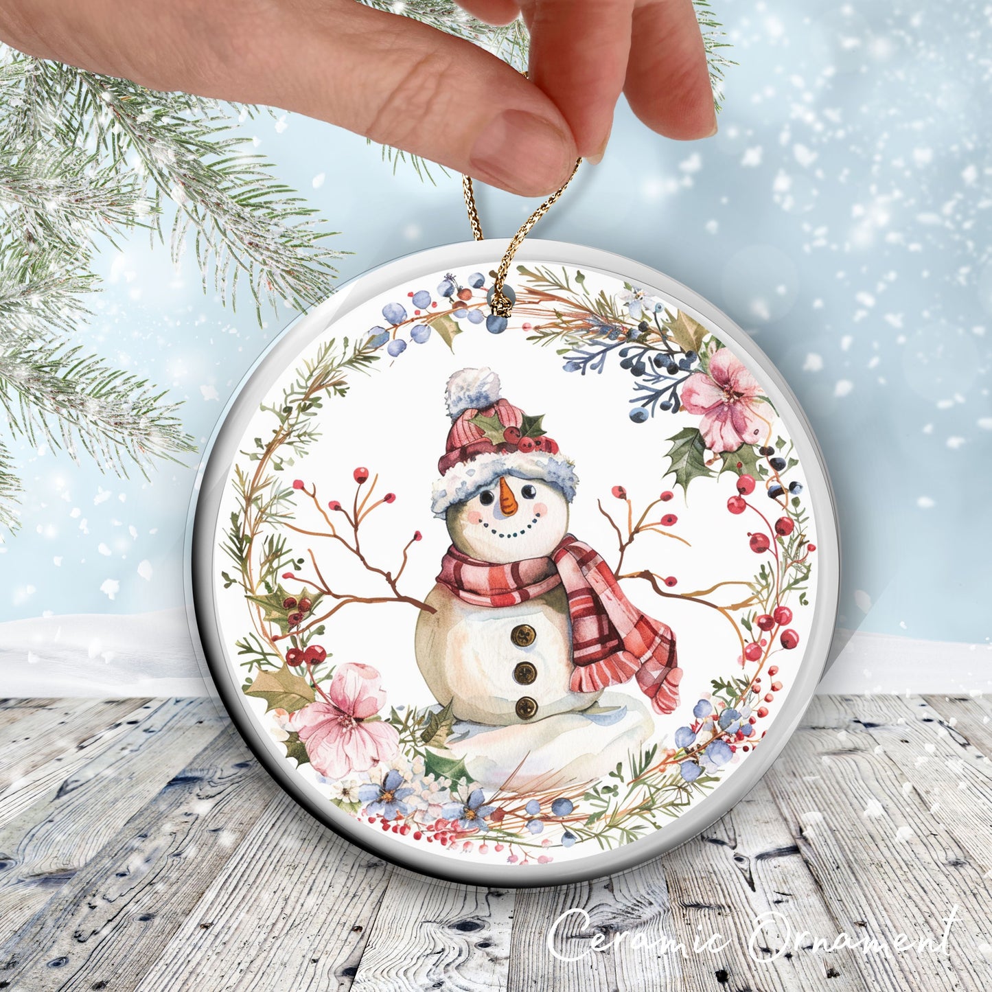 Retro Snowman Watercolor Ceramic Ornament 151-05