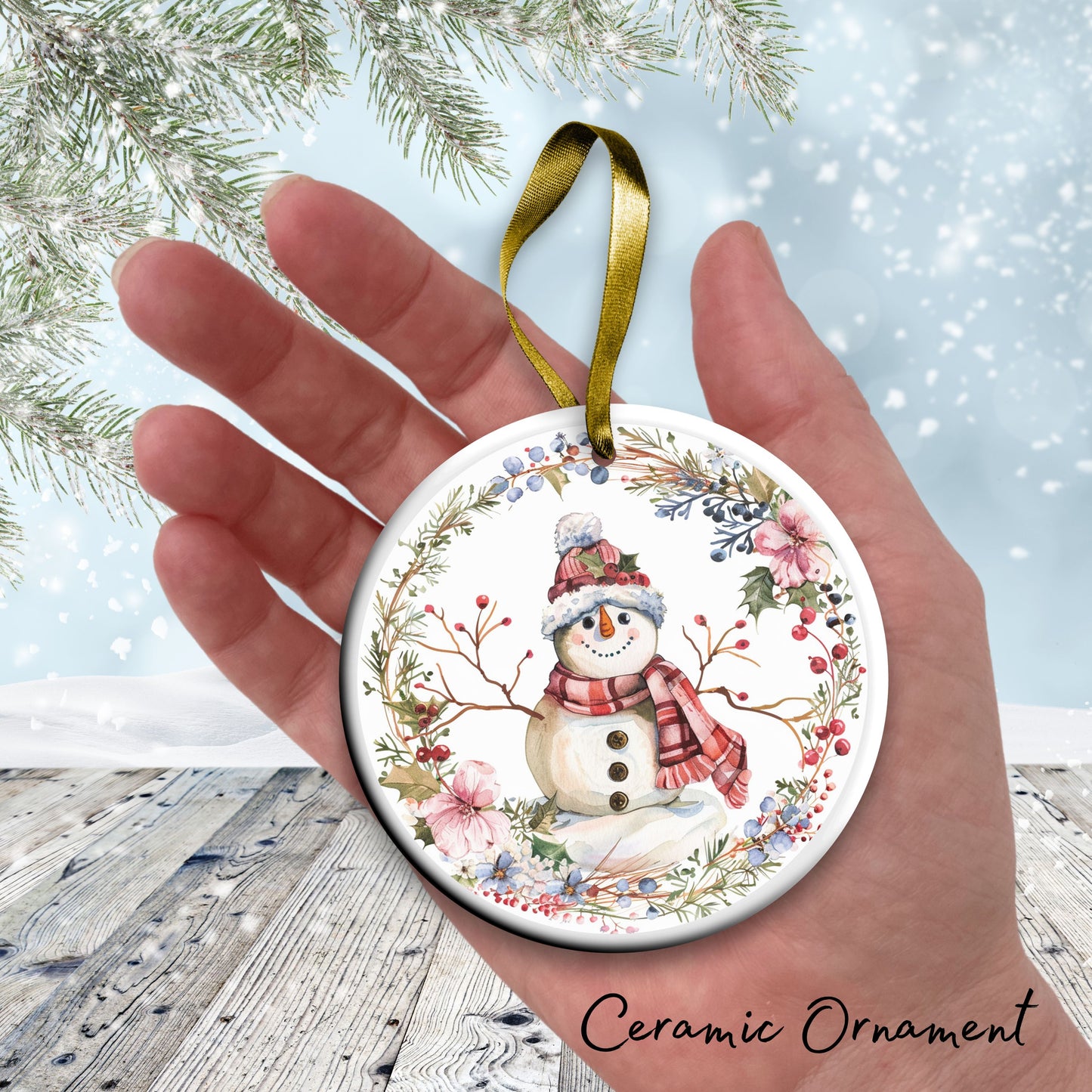 Retro Snowman Watercolor Ceramic Ornament 151-05