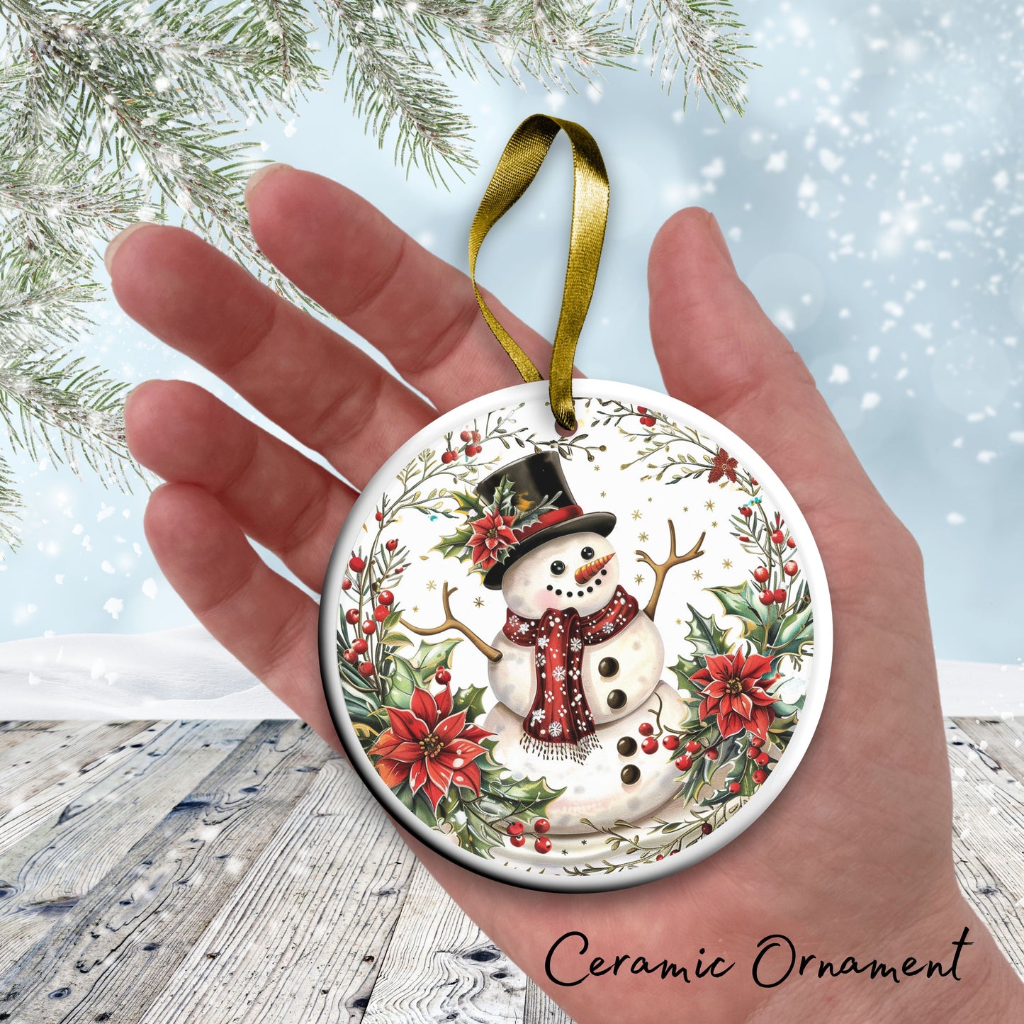 Retro Snowman Watercolor Ceramic Ornament 151-103