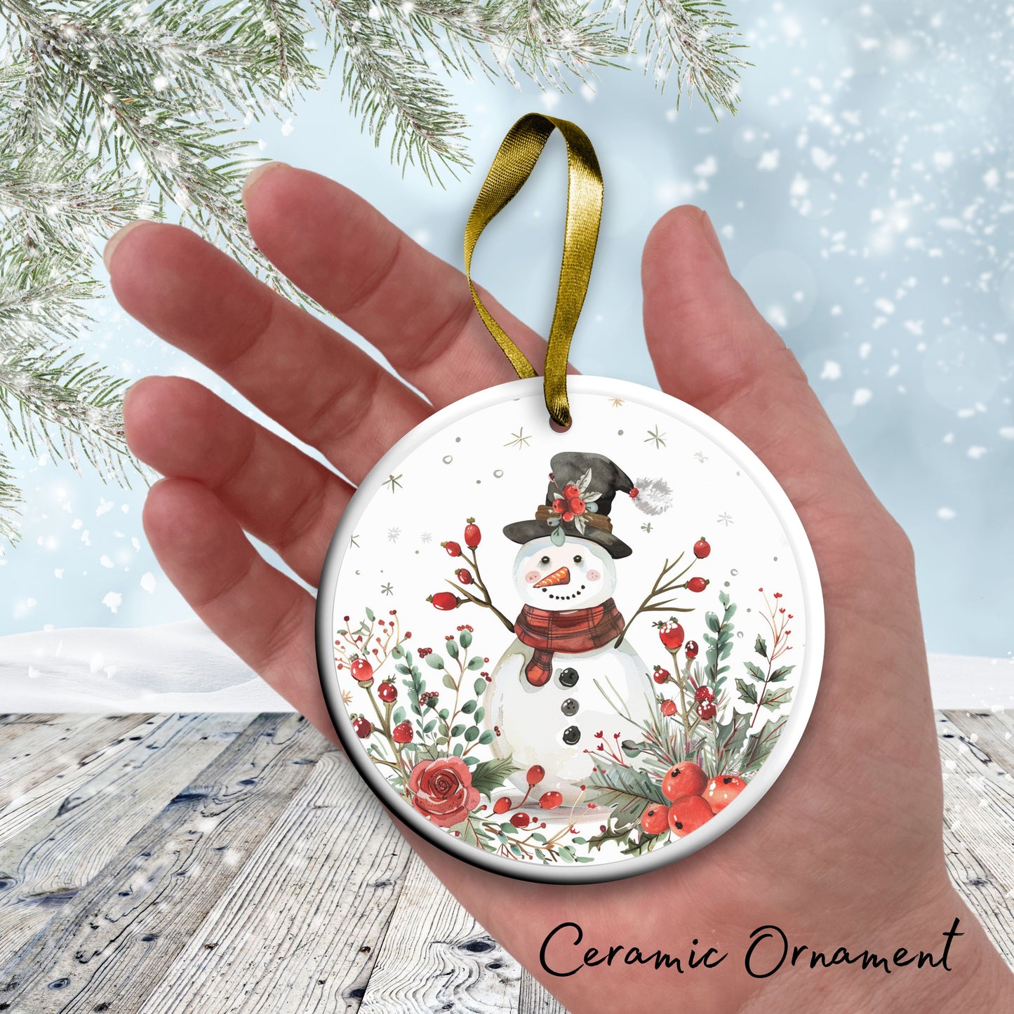 Retro Snowman Watercolor Ceramic Ornament 151-15