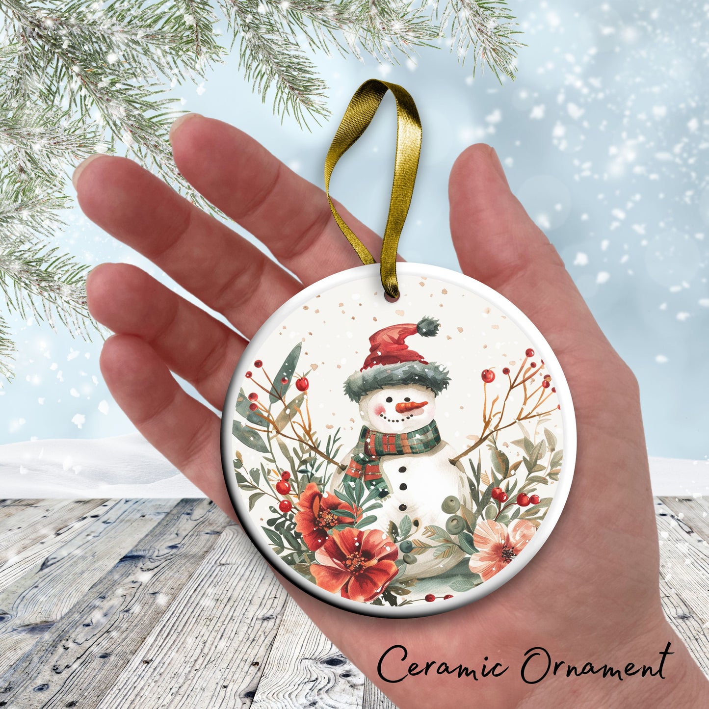 Retro Snowman Watercolor Ceramic Ornament 151-18