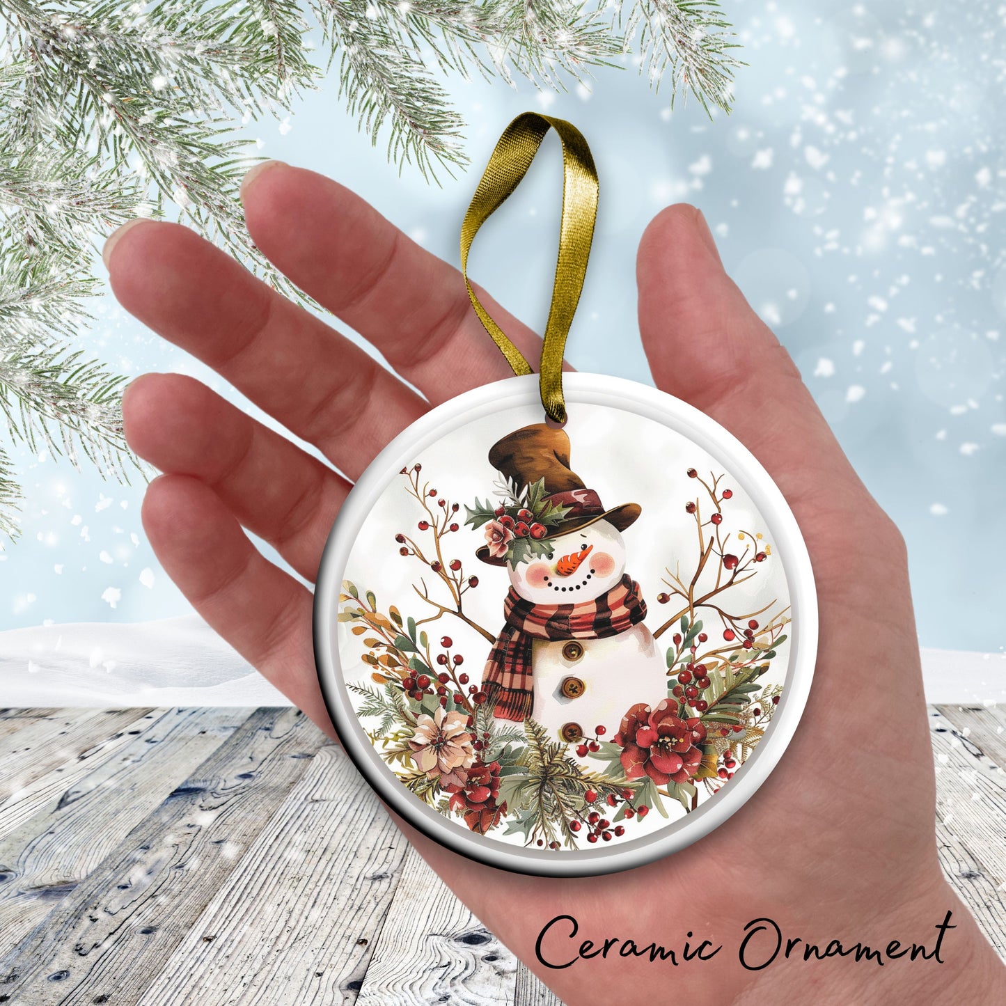 Retro Snowman Watercolor Ceramic Ornament 151-23
