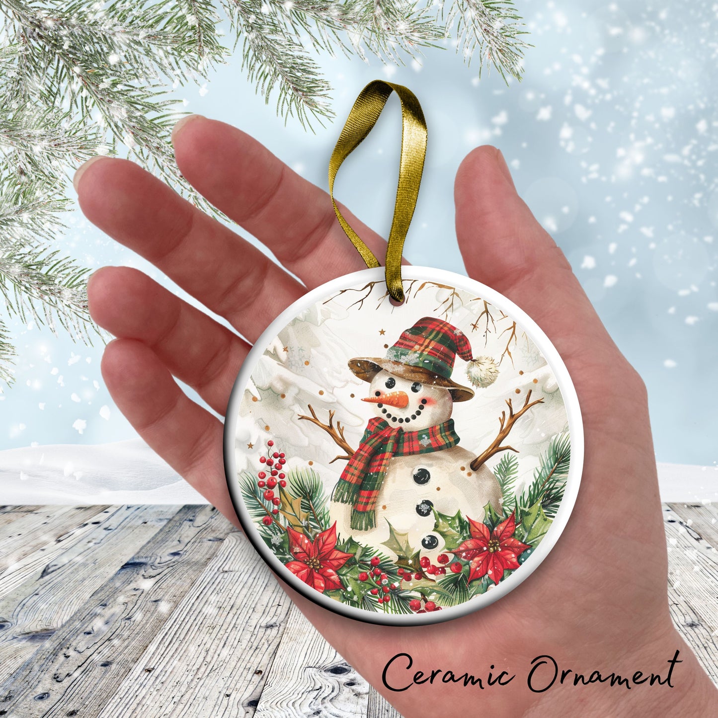 Retro Snowman Watercolor Ceramic Ornament 151-32