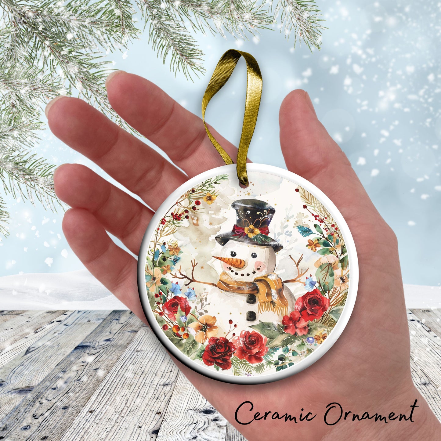 Retro Snowman Watercolor Ceramic Ornament 151-45